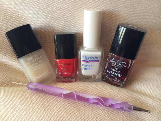 Toadstool Manicure - Covergirl Glosstini in Sangria, Chanel base coat, Chanel topcoat, Manicare French White