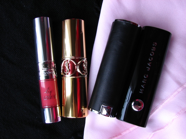 Lancome Lip Lover in 321 Rose Contretemps, YSL Rouge Volupte Shine in #17 Rose in Tension, Givenchy Le Rouge in 302 Hibiscus Exclusif and Marc Jacobs Lovemarc Lip Gel in 108 Have We Met?