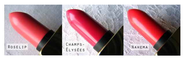 Guerlain Rouge Automatique Lipsticks Review and Swatches Nahema, Roselip, Champs Elysees