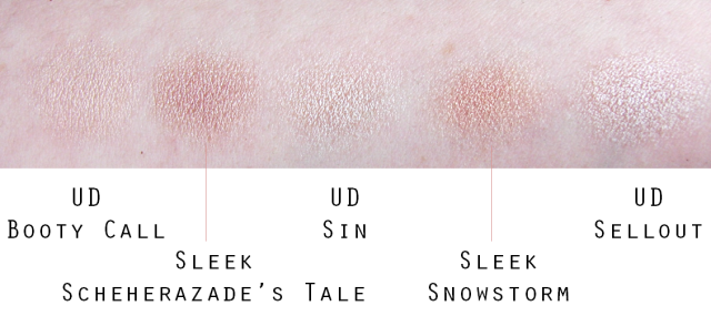 Sleek vs UD shade comparison champagne shimmers swatches